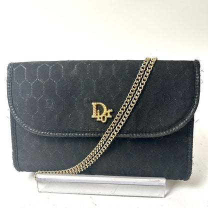 Christian Dior Shoulder Bag Purse Honeycomb Chain Canvas Black Authentic