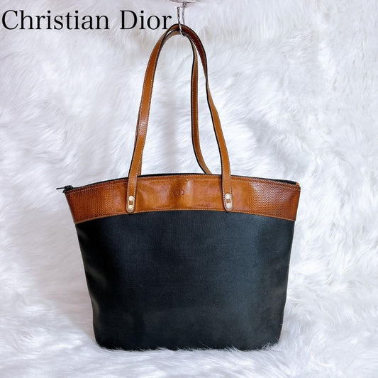 Christian Dior Hand Bag Tote Purse CD Nylon Canvas Leather Black Brown Authentic