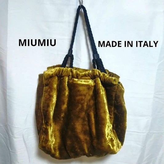 MIU MIU Hand Bag Tote Purse Logo Velour Mustard Gold Authentic
