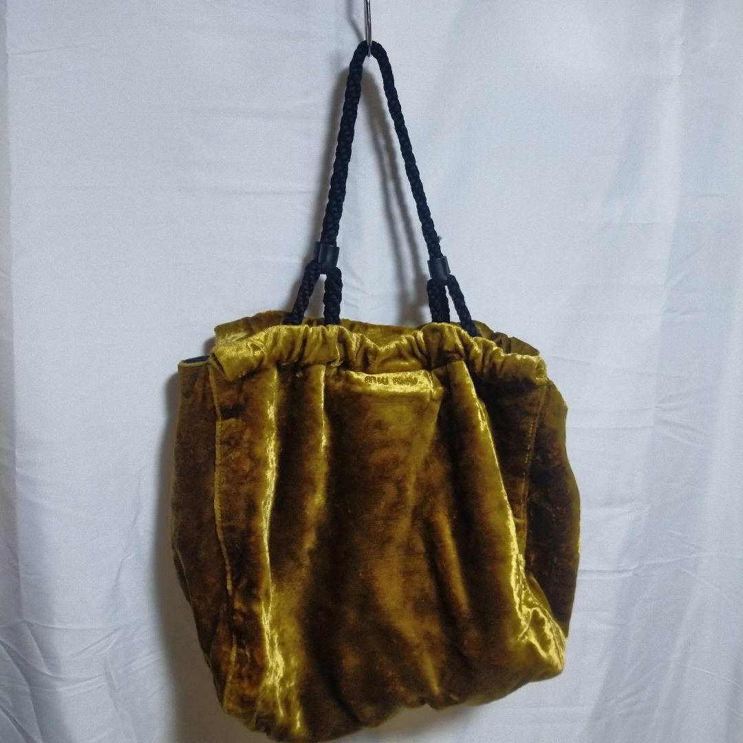 MIU MIU Hand Bag Tote Purse Logo Velour Mustard Gold Authentic