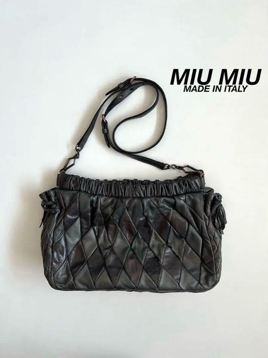 MIU MIU Shoulder Bag Purse QUILTING Leather Black Authentic