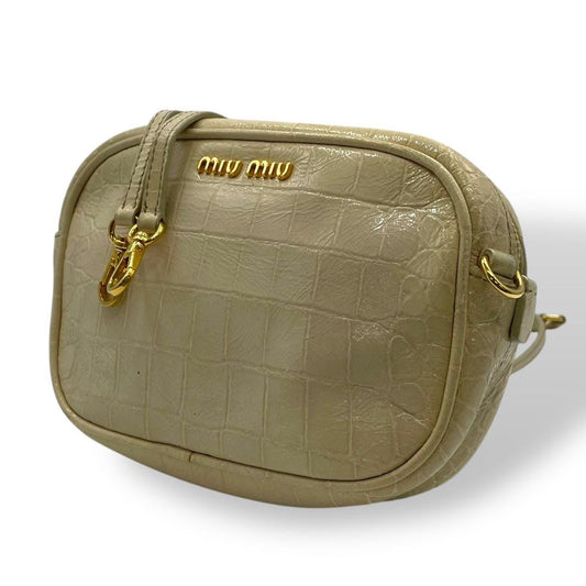 MIU MIU Shoulder Bag Purse Logo Leather Beige Authentic