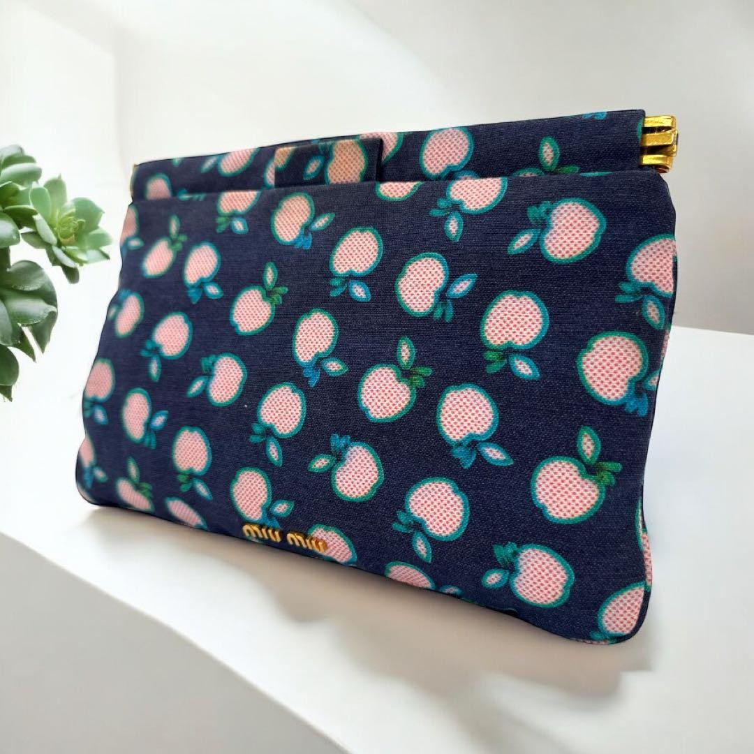 MIU MIU Accessory Pouch Hand Pouch Logo Canvas Navy Authentic
