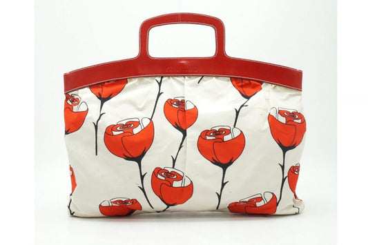MIU MIU Hand Bag Tote Purse Logo Leather Nylon Canvas Red Authentic
