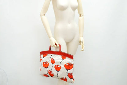 MIU MIU Hand Bag Tote Purse Logo Leather Nylon Canvas Red Authentic
