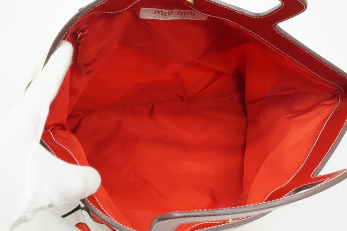 MIU MIU Hand Bag Tote Purse Logo Leather Nylon Canvas Red Authentic