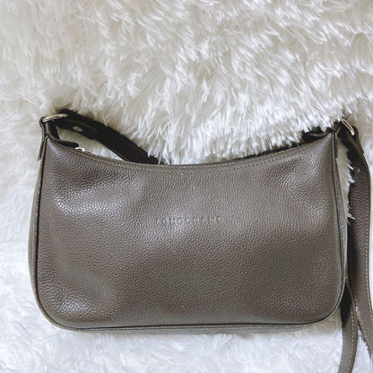 Longchamp Shoulder Bag Purse Leather Gray Authentic