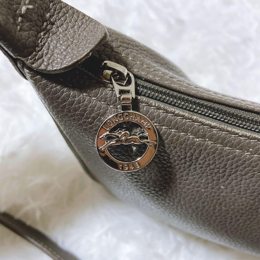 Longchamp Shoulder Bag Purse Leather Gray Authentic