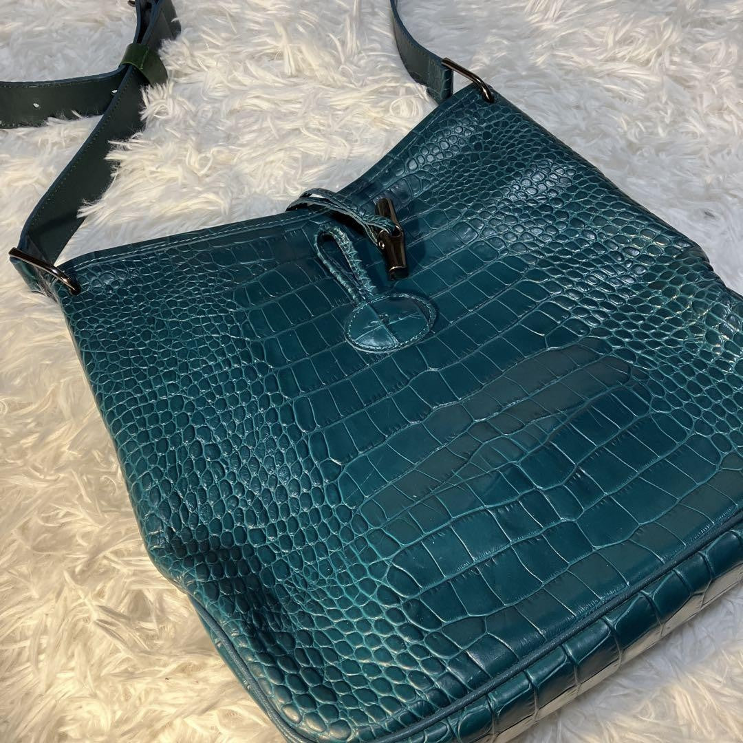 Longchamp Shoulder Bag Purse Leather Green Authentic