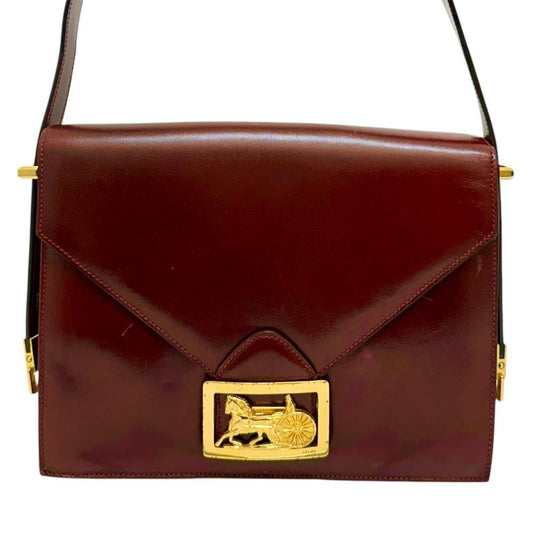 CELINE Shoulder Bag Purse Horse carriage Leather Bordeaux Authentic