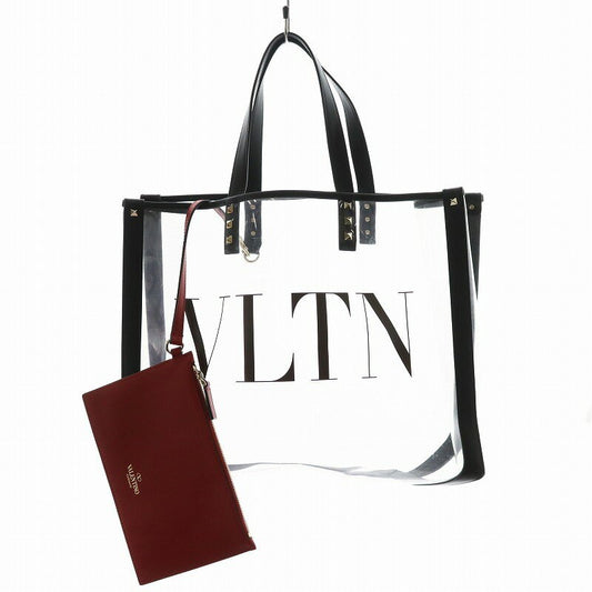 Valentino Garavani Hand Bag Tote Purse Rockstuds Vinyl Leather Clear Red Black