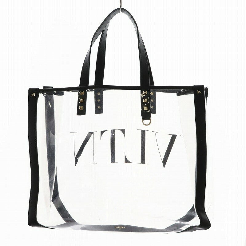 Valentino Garavani Hand Bag Tote Purse Rockstuds Vinyl Leather Clear Red Black