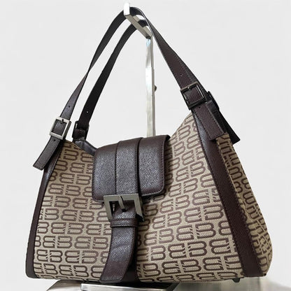 BALENCIAGA Hand Bag Tote Purse BB Canvas Leather Beige Brown Authentic