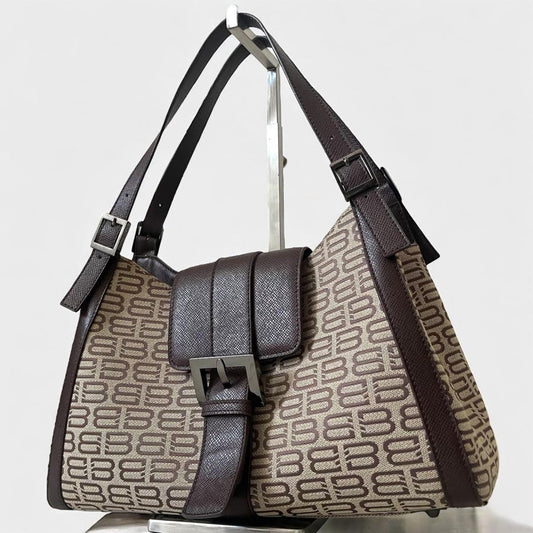 BALENCIAGA Hand Bag Tote Purse BB Canvas Leather Beige Brown Authentic