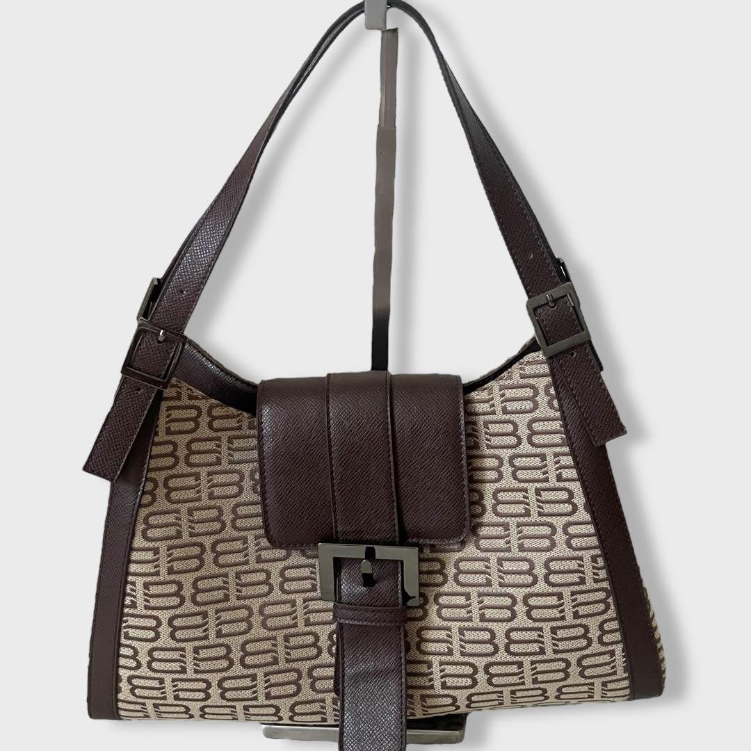 BALENCIAGA Hand Bag Tote Purse BB Canvas Leather Beige Brown Authentic