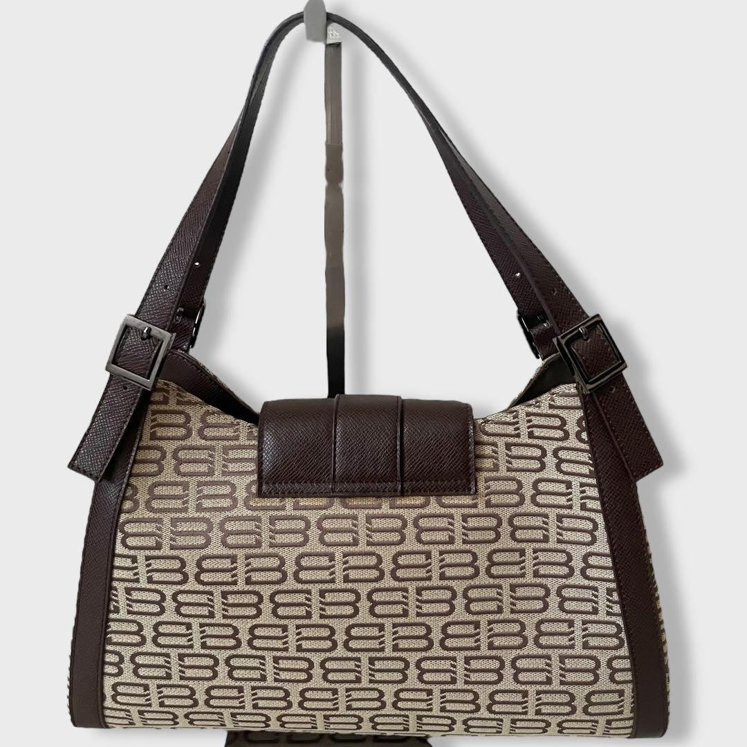 BALENCIAGA Hand Bag Tote Purse BB Canvas Leather Beige Brown Authentic
