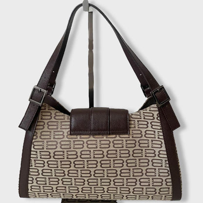 BALENCIAGA Hand Bag Tote Purse BB Canvas Leather Beige Brown Authentic