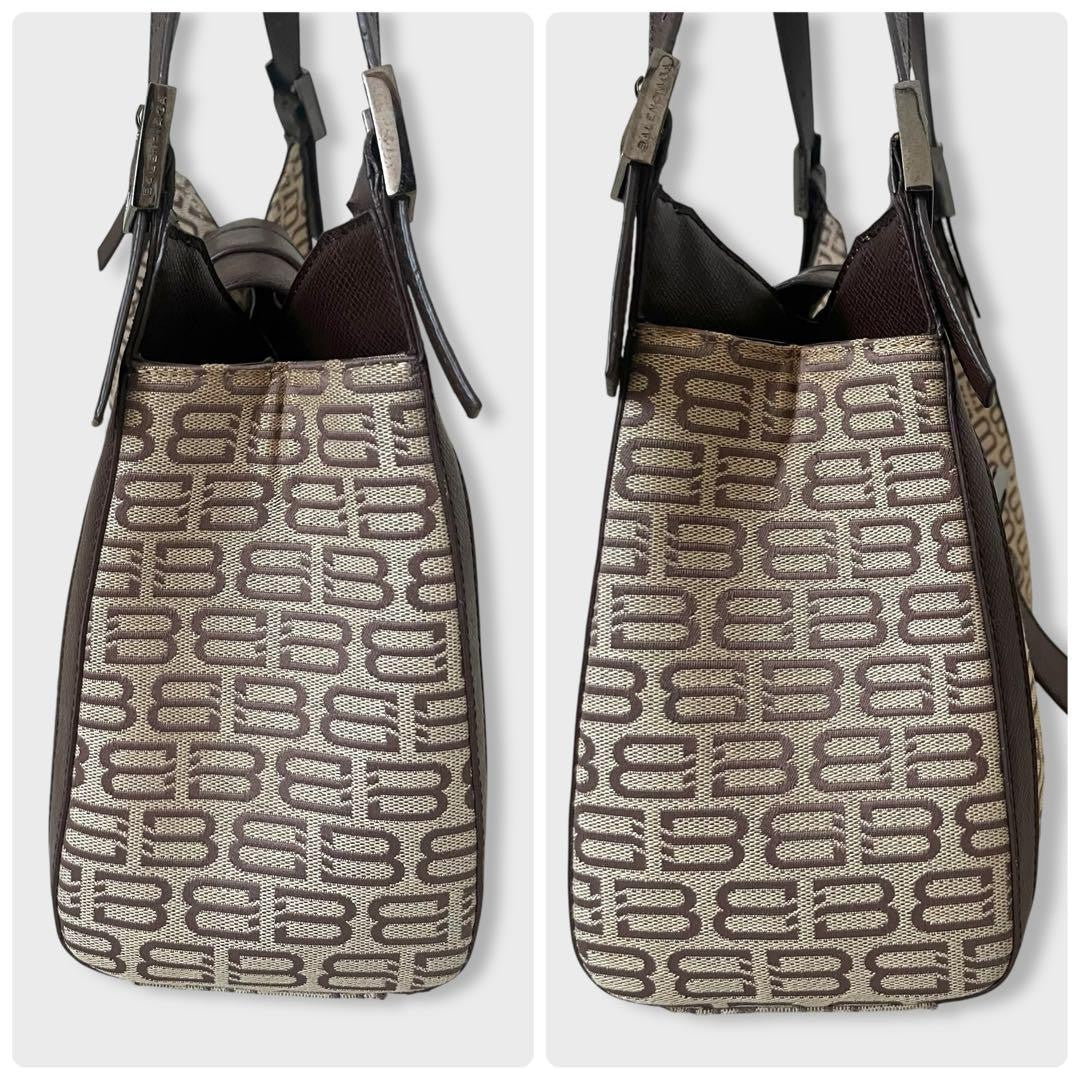 BALENCIAGA Hand Bag Tote Purse BB Canvas Leather Beige Brown Authentic
