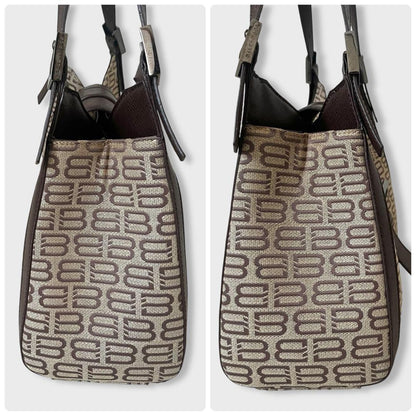 BALENCIAGA Hand Bag Tote Purse BB Canvas Leather Beige Brown Authentic
