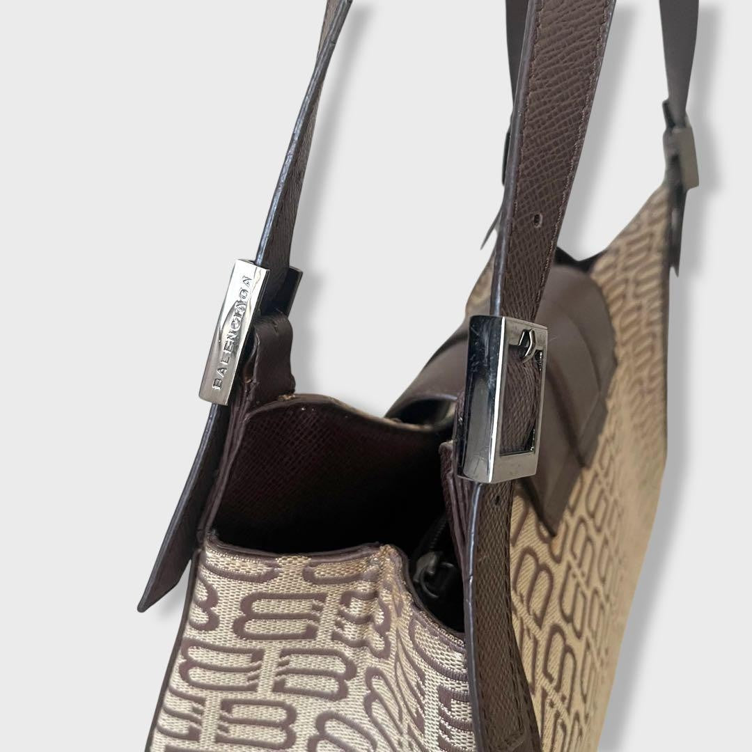 BALENCIAGA Hand Bag Tote Purse BB Canvas Leather Beige Brown Authentic