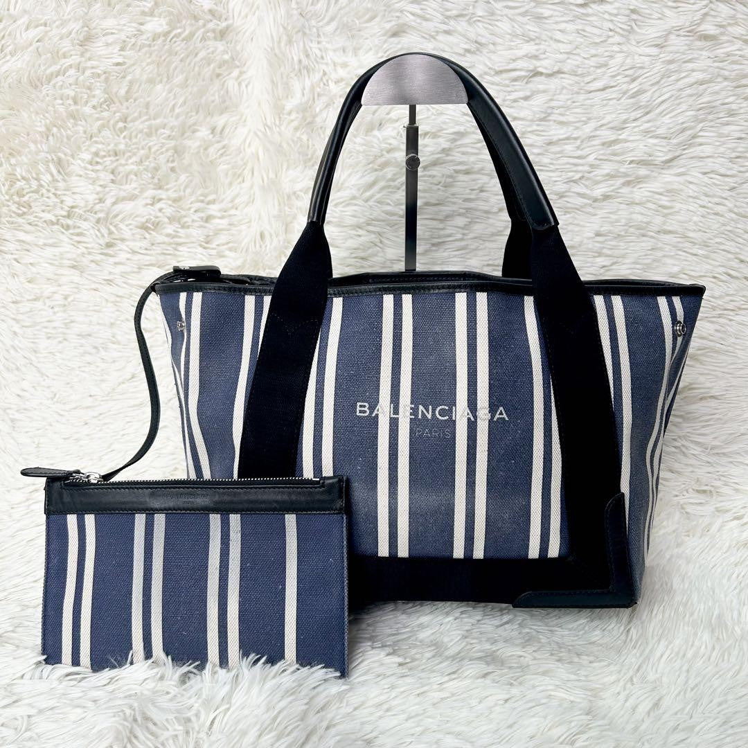 BALENCIAGA Hand Bag Tote Purse Canvas Leather Navy Authentic