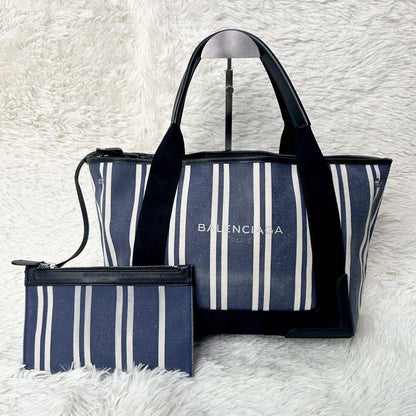 BALENCIAGA Hand Bag Tote Purse Canvas Leather Navy Authentic