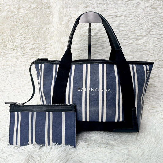 BALENCIAGA Hand Bag Tote Purse Canvas Leather Navy Authentic