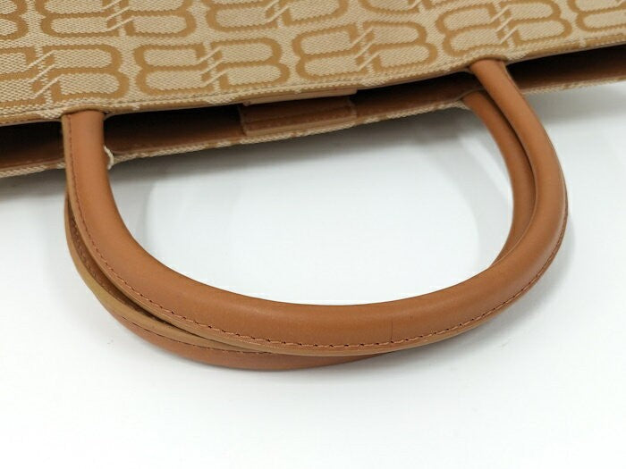 BALENCIAGA Hand Bag Tote Purse BB Canvas Leather Brown Beige Authentic