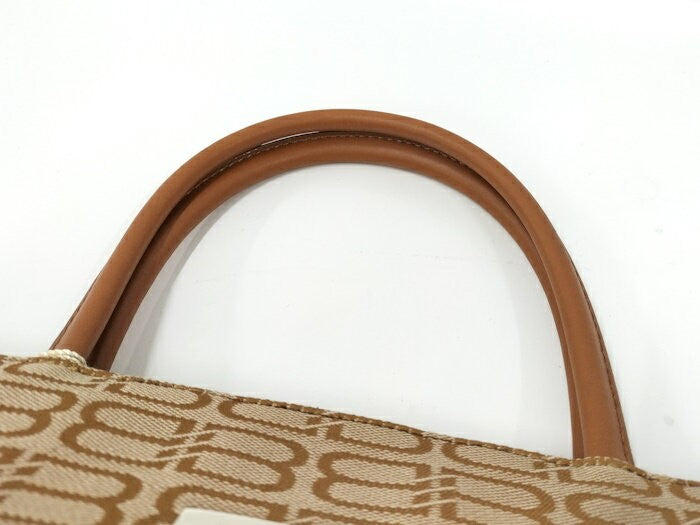 BALENCIAGA Hand Bag Tote Purse BB Canvas Leather Brown Beige Authentic