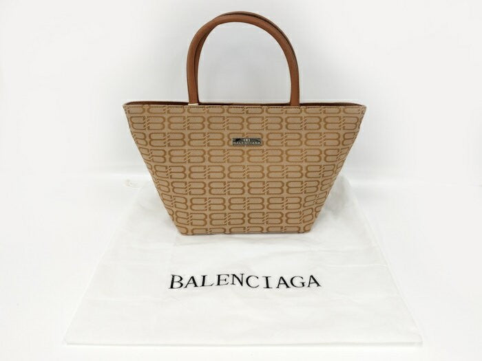 BALENCIAGA Hand Bag Tote Purse BB Canvas Leather Brown Beige Authentic