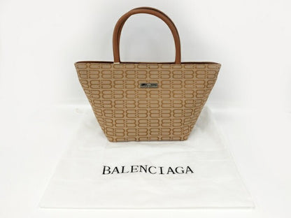 BALENCIAGA Hand Bag Tote Purse BB Canvas Leather Brown Beige Authentic