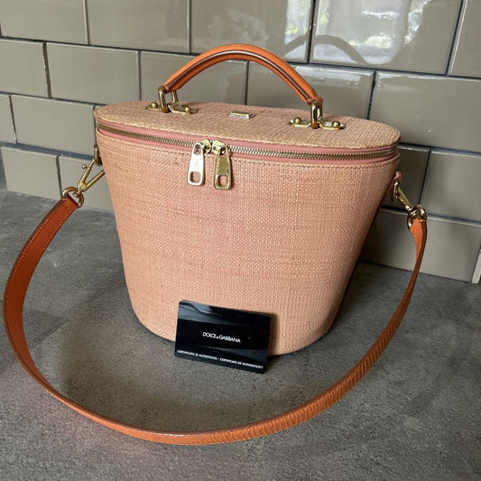 Dolce & Gabbana Vanity Bag Purse 2way Leopard Leather Raffia Salmon Pink Orange