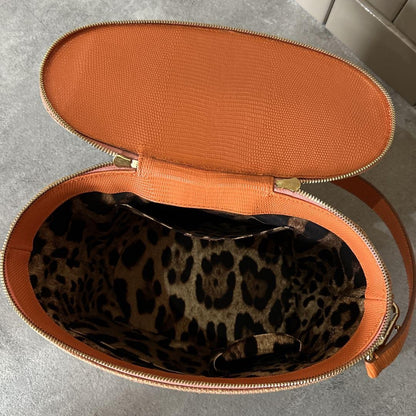 Dolce & Gabbana Vanity Bag Purse 2way Leopard Leather Raffia Salmon Pink Orange