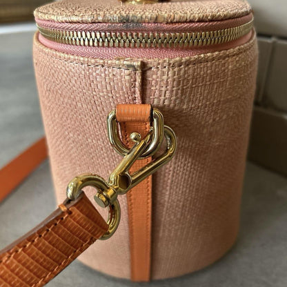 Dolce & Gabbana Vanity Bag Purse 2way Leopard Leather Raffia Salmon Pink Orange