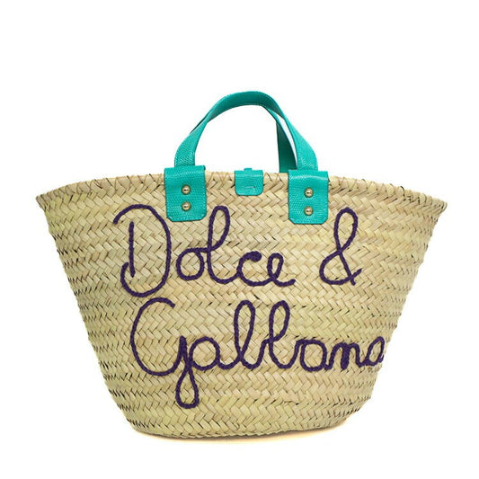 Dolce & Gabbana Hand Bag Tote Purse Straw Leather Natural Beige Turquoise Blue