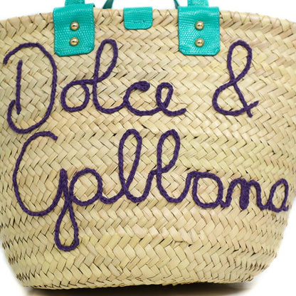 Dolce & Gabbana Hand Bag Tote Purse Straw Leather Natural Beige Turquoise Blue