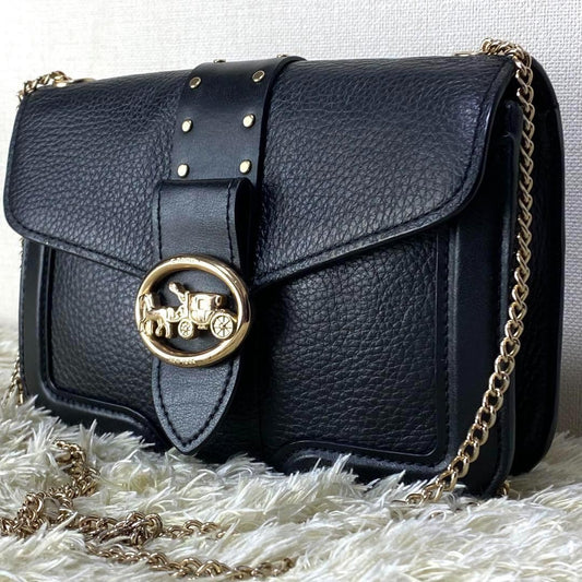 COACH Shoulder Bag Purse Chain Leather Black Authentic