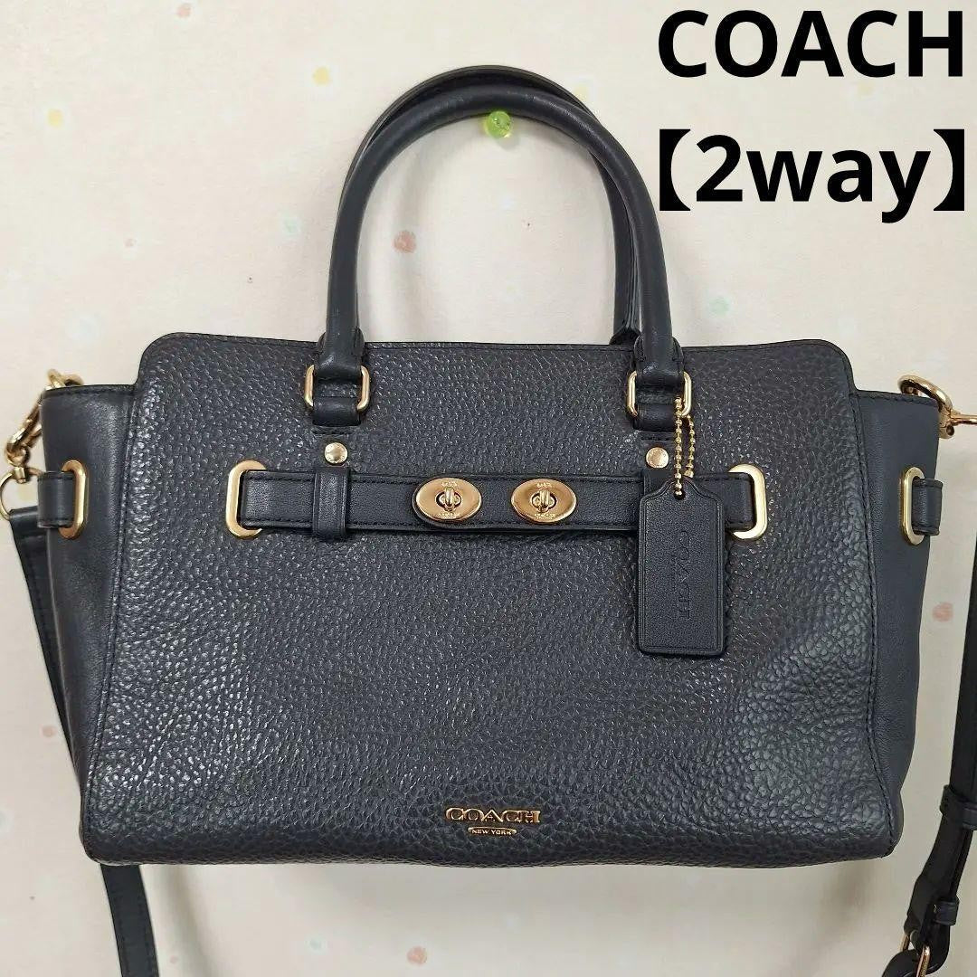 COACH Hand Shoulder Bag Tote Purse 2way Leather Navy Authentic