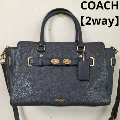 COACH Hand Shoulder Bag Tote Purse 2way Leather Navy Authentic