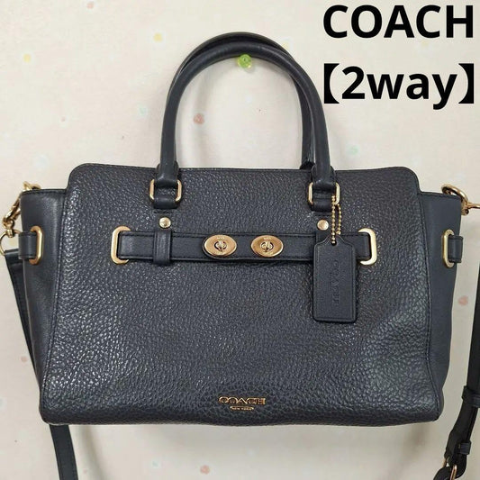 COACH Hand Shoulder Bag Tote Purse 2way Leather Navy Authentic