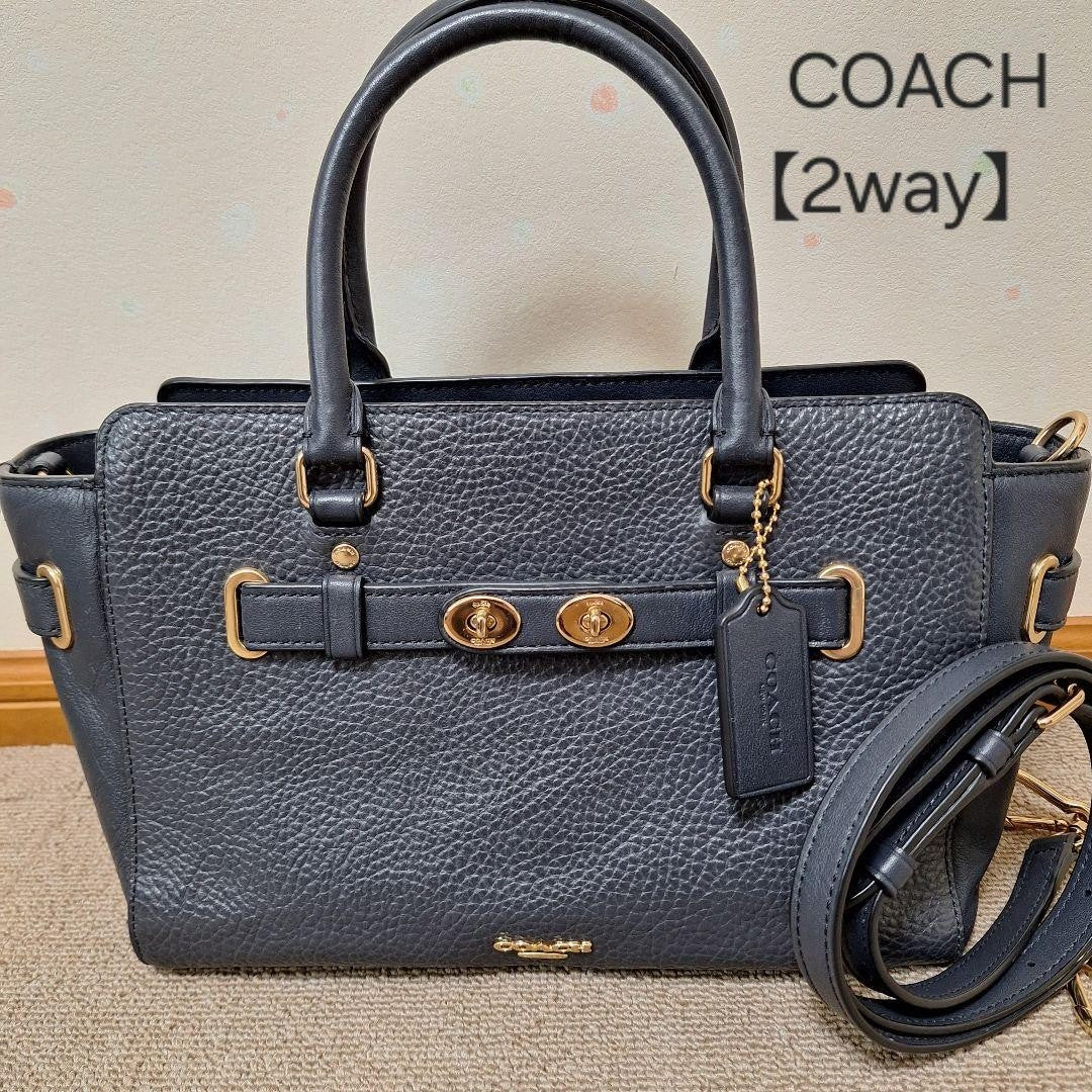 COACH Hand Shoulder Bag Tote Purse 2way Leather Navy Authentic