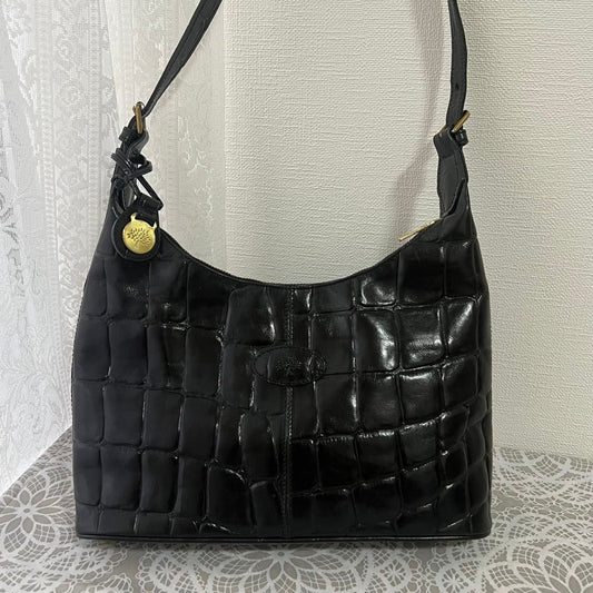 MULBERRY Hand Bag Shoulder Logo Black Leather Authentic