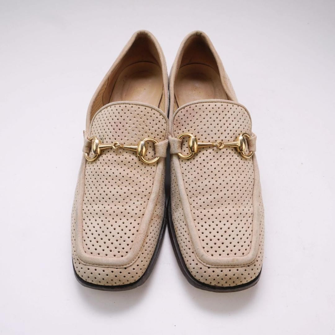 GUCCI Loafers Shoes Horse Bit EU 37.5 US 7.5 Suede Beige Authentic