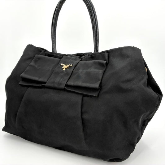 PRADA Tote bag Purse handbag ribbon logo hardware nylon black gold Women's Auth