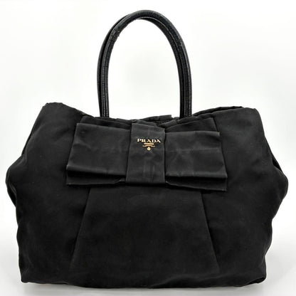PRADA Tote bag Purse handbag ribbon logo hardware nylon black gold Women's Auth