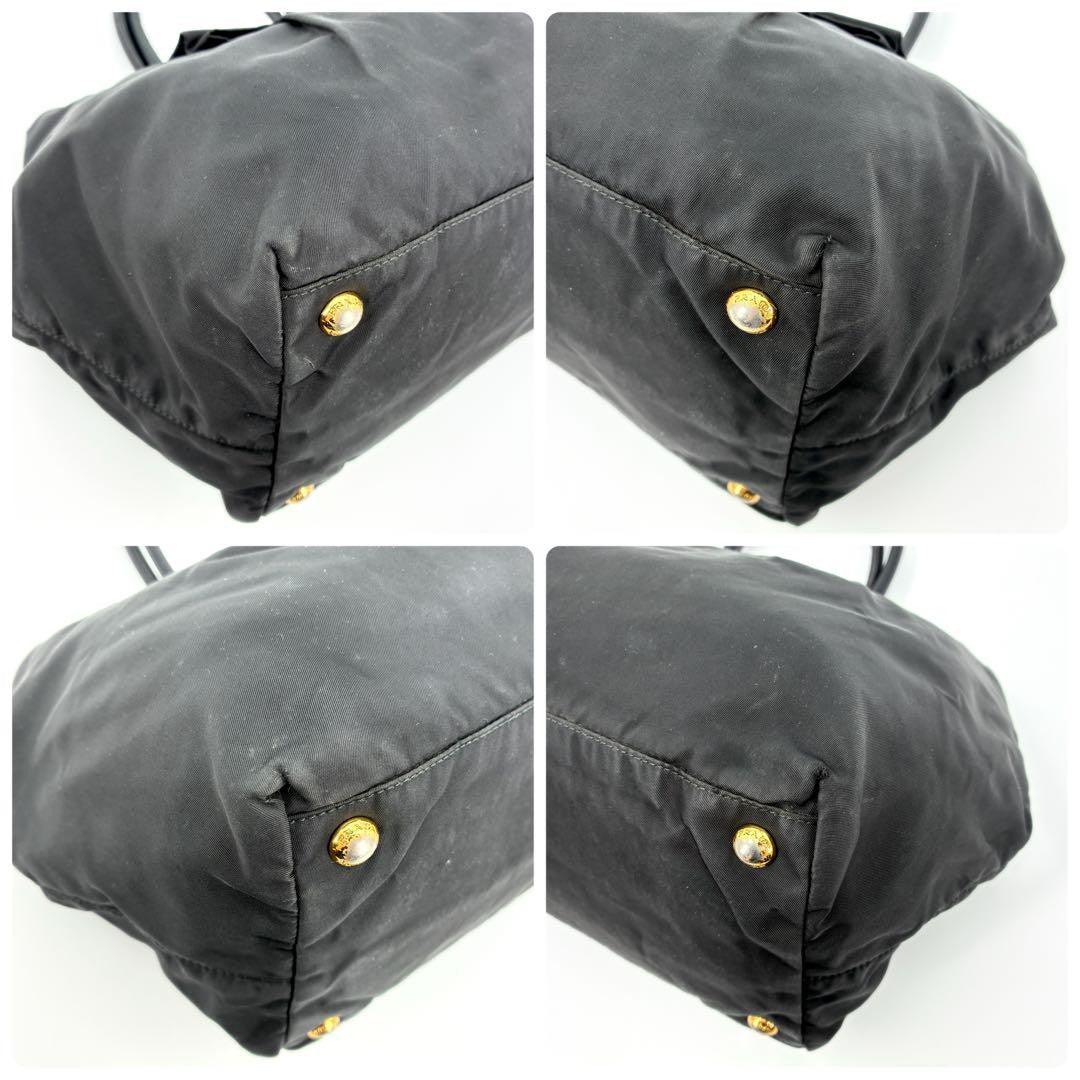 PRADA Tote bag Purse handbag ribbon logo hardware nylon black gold Women's Auth