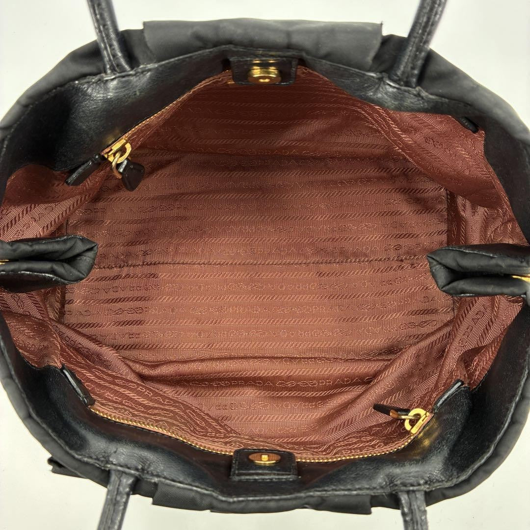 PRADA Tote bag Purse handbag ribbon logo hardware nylon black gold Women's Auth
