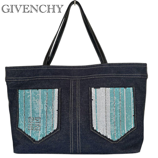 GIVENCHY Hand Bag Tote Purse 4G Denim Navy Authentic
