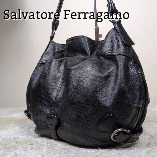 Salvatore Ferragamo Shoulder Bag Purse Gancini Black Leather Authentic