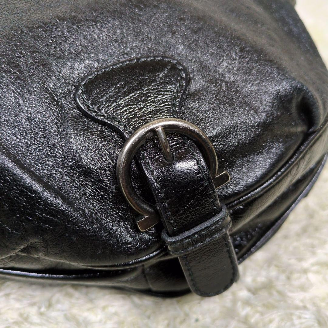 Salvatore Ferragamo Shoulder Bag Purse Gancini Black Leather Authentic
